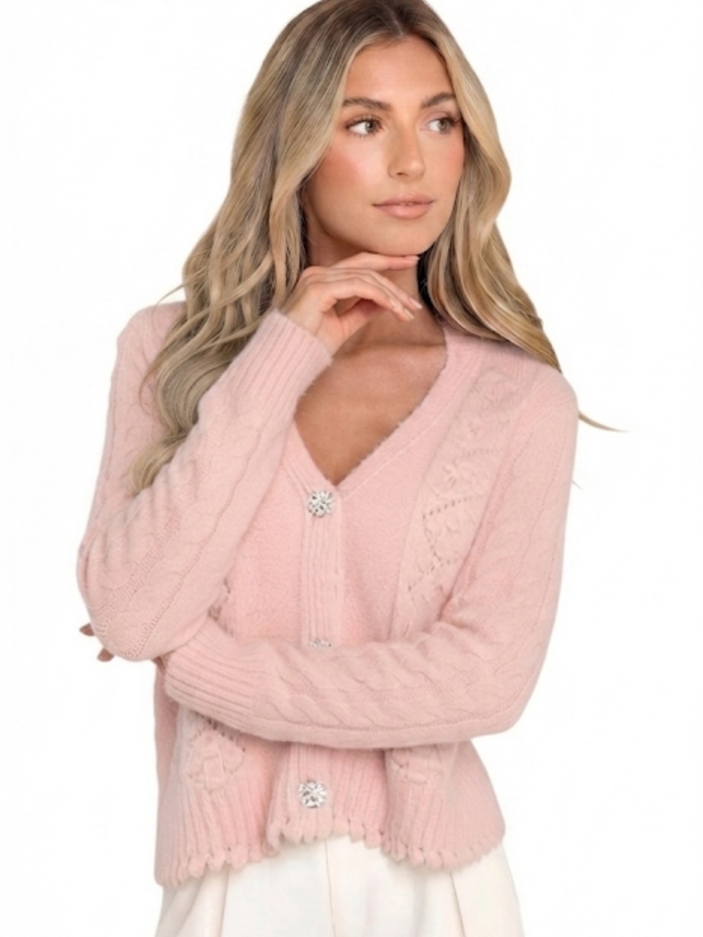 NWT! See And Be Seen Pink V-Neck Wool Blend Cable Knit Cardigan Small/Medium